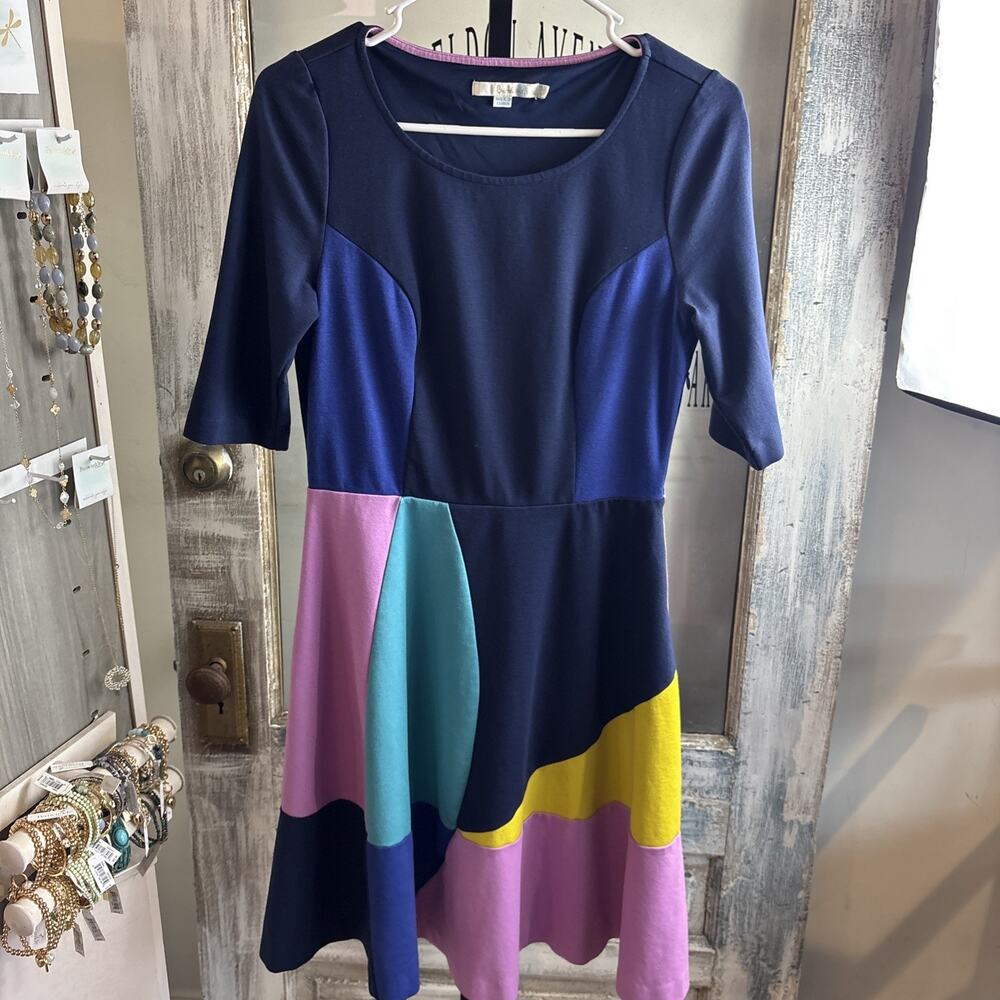 Boden Alice Ponte color block Midi Dress Fit And Flare Sz 8R Blue Pink Yellow - Picture 2 of 15